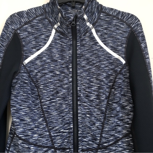 Zell Multi Blue Semi Sheer Zip Up Fitted Thumbhole Light weight Athletic Jacket - Picture 5 of 16